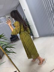 My 3286 Puantiyeli Yağ yeşili Şifon Elbise