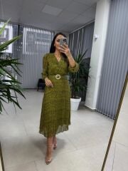 My 3286 Puantiyeli Yağ yeşili Şifon Elbise