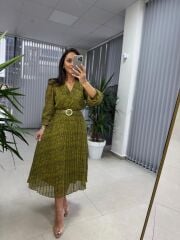 My 3286 Puantiyeli Yağ yeşili Şifon Elbise