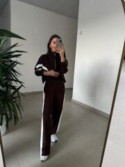 Ms 00064 Kahve-Beyaz Şerit Geçişli Fermuarlı Modal Takım