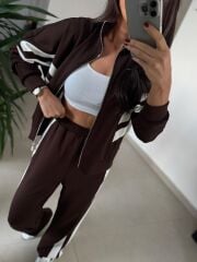 Ms 00064 Kahve-Beyaz Şerit Geçişli Fermuarlı Modal Takım