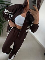 Ms 00064 Kahve-Beyaz Şerit Geçişli Fermuarlı Modal Takım