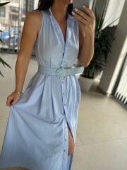 My 3747 Bebe Mavi Kemerli Gold Düğmeli Elbise