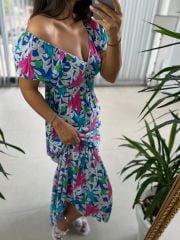 My V Dekolteli Pembe Laleli Elbise