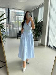 My 3747 Bebe Mavi Kemerli Gold Düğmeli Elbise