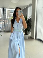 My 3744 Bebe Mavi Kemerli Gold Düğmeli Elbise