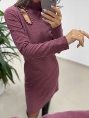 Mc 5105 Omuz Damla Detaylı Mürdüm Elbise