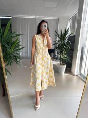 Cr 1028 Sarı-Beyaz Çiçekli Pamuk Gabardin Elbise