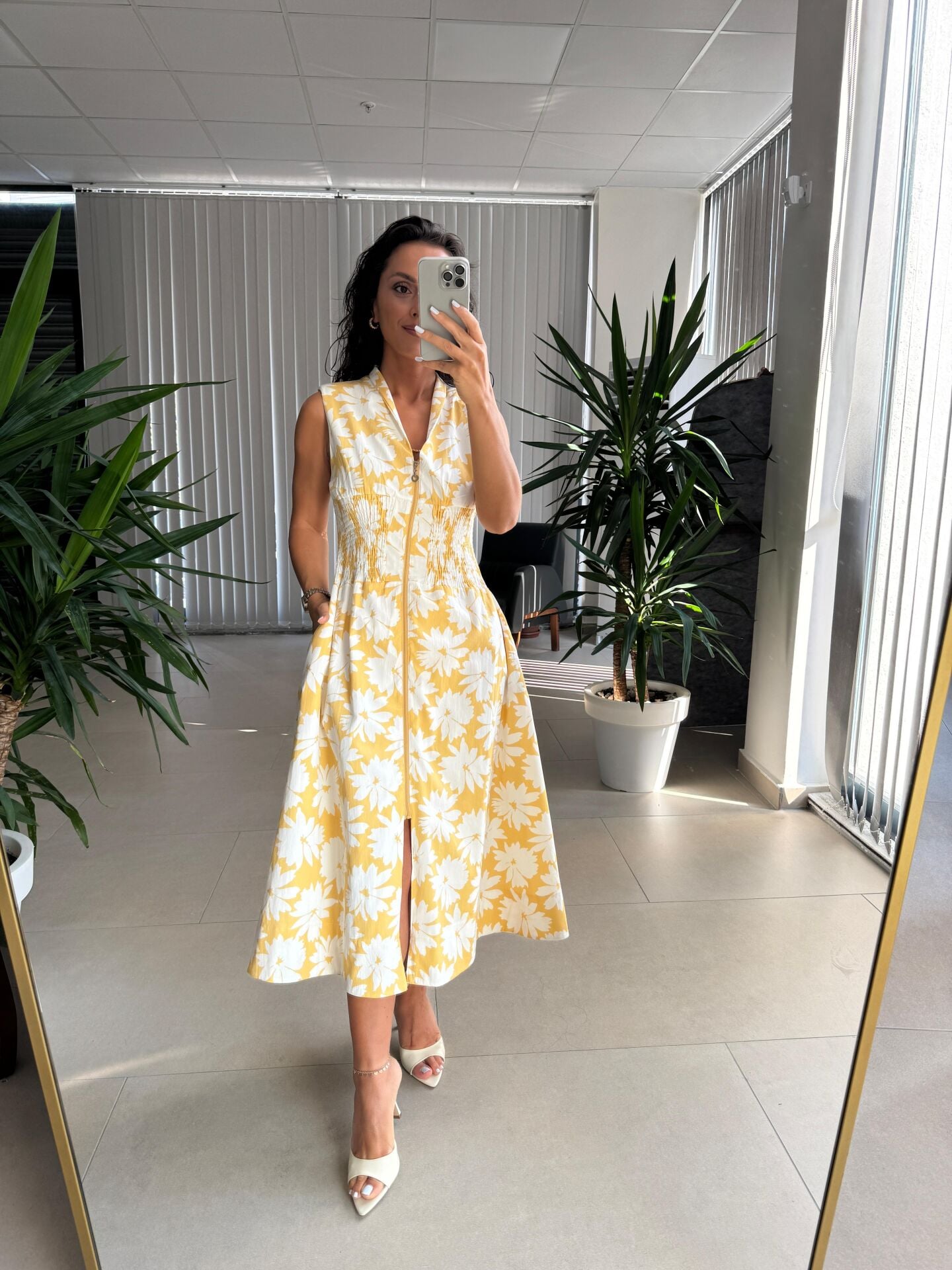 Cr 1028 Sarı-Beyaz Çiçekli Pamuk Gabardin Elbise