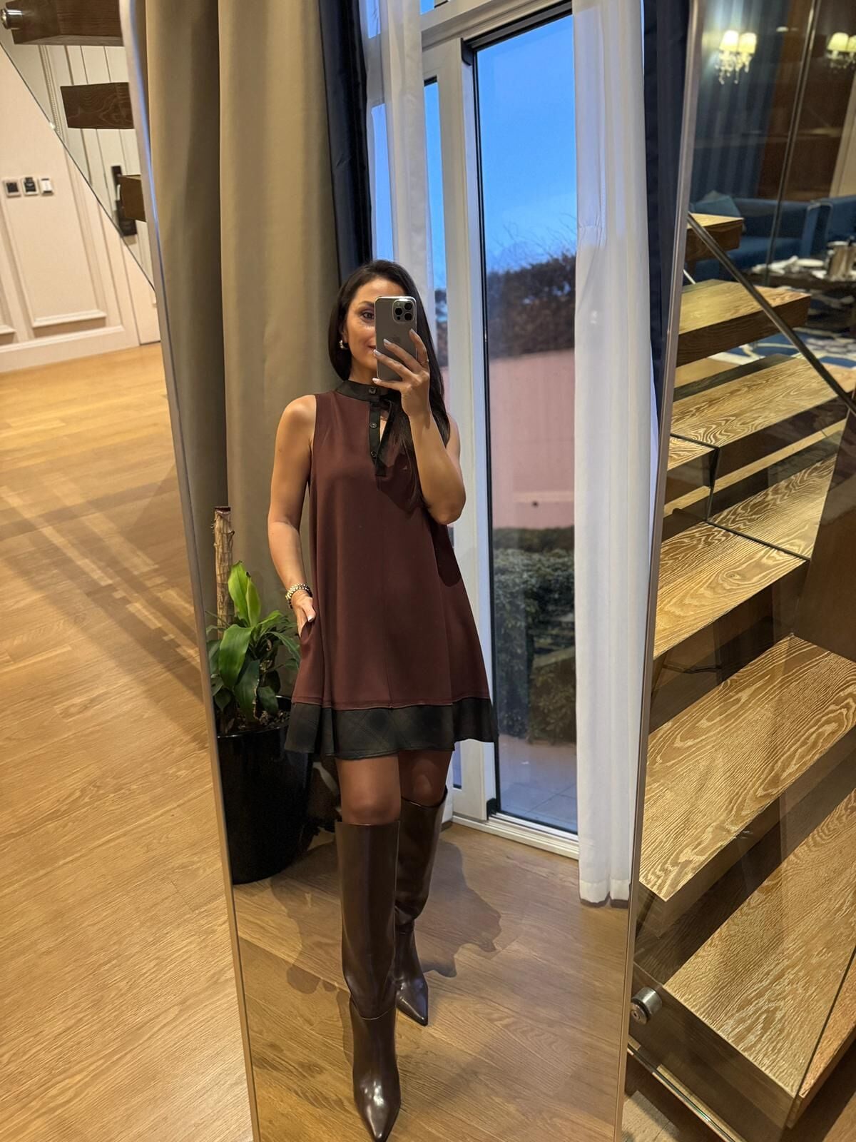 Ms 244 Kahve Yaka Detaylı Modal Elbise