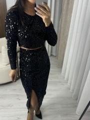My 3353 Siyah Payetli Eteklı Takım