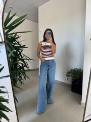 Orj. Marka Omuz Düğme Detaylı Bordo Çizgili Süveter