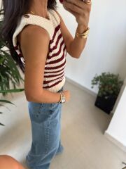 Orj. Marka Omuz Düğme Detaylı Bordo Çizgili Süveter