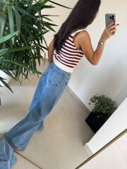 Orj. Marka Omuz Düğme Detaylı Bordo Çizgili Süveter