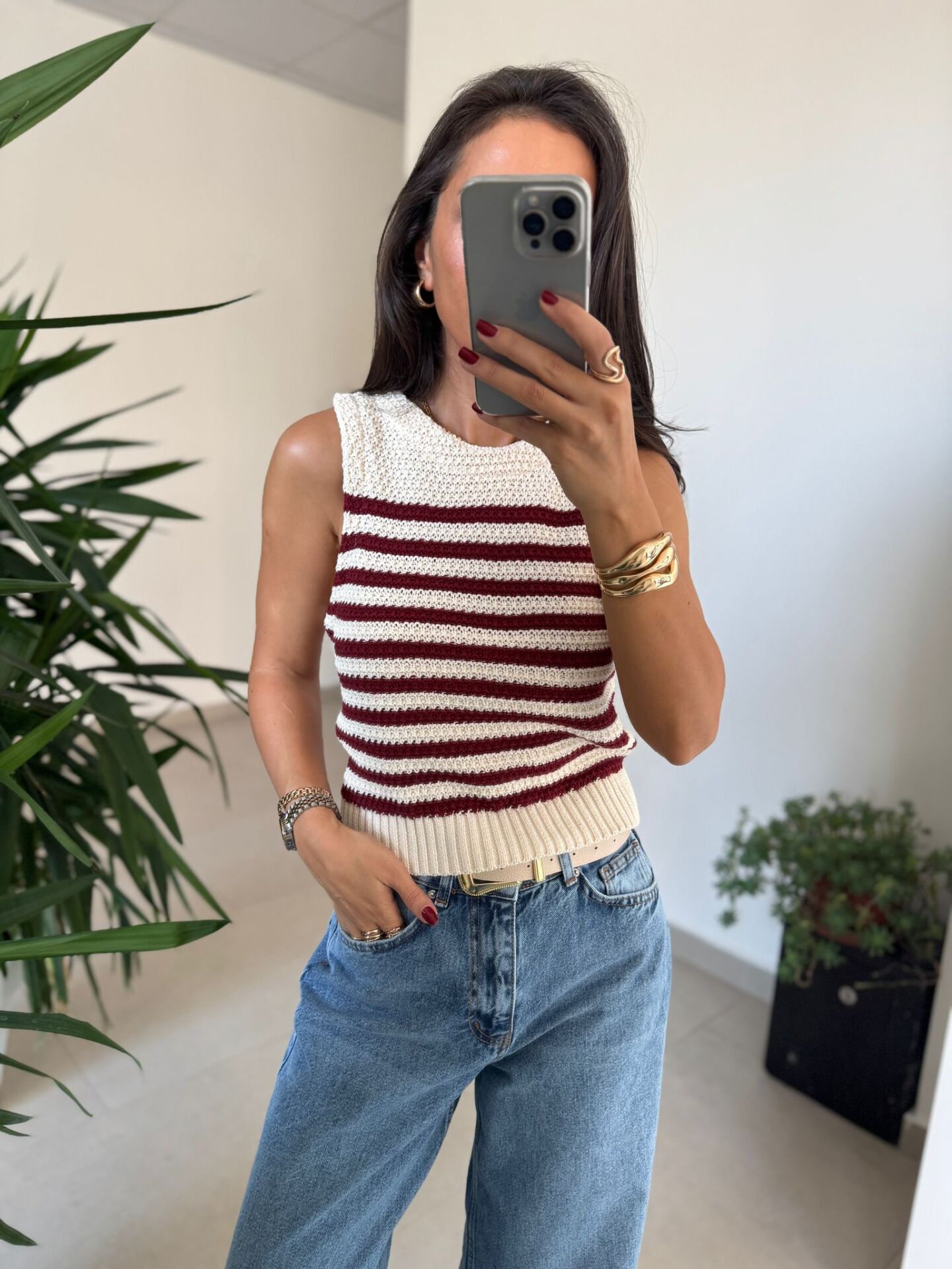 Orj. Marka Omuz Düğme Detaylı Bordo Çizgili Süveter