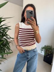 Orj. Marka Omuz Düğme Detaylı Bordo Çizgili Süveter