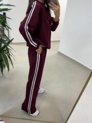 Ms 56489 Bordo-Beyaz İnce Şerit Geçişli Modal Takım