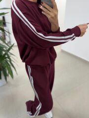 Ms 56489 Bordo-Beyaz İnce Şerit Geçişli Modal Takım