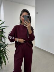 Ms 56489 Bordo-Beyaz İnce Şerit Geçişli Modal Takım