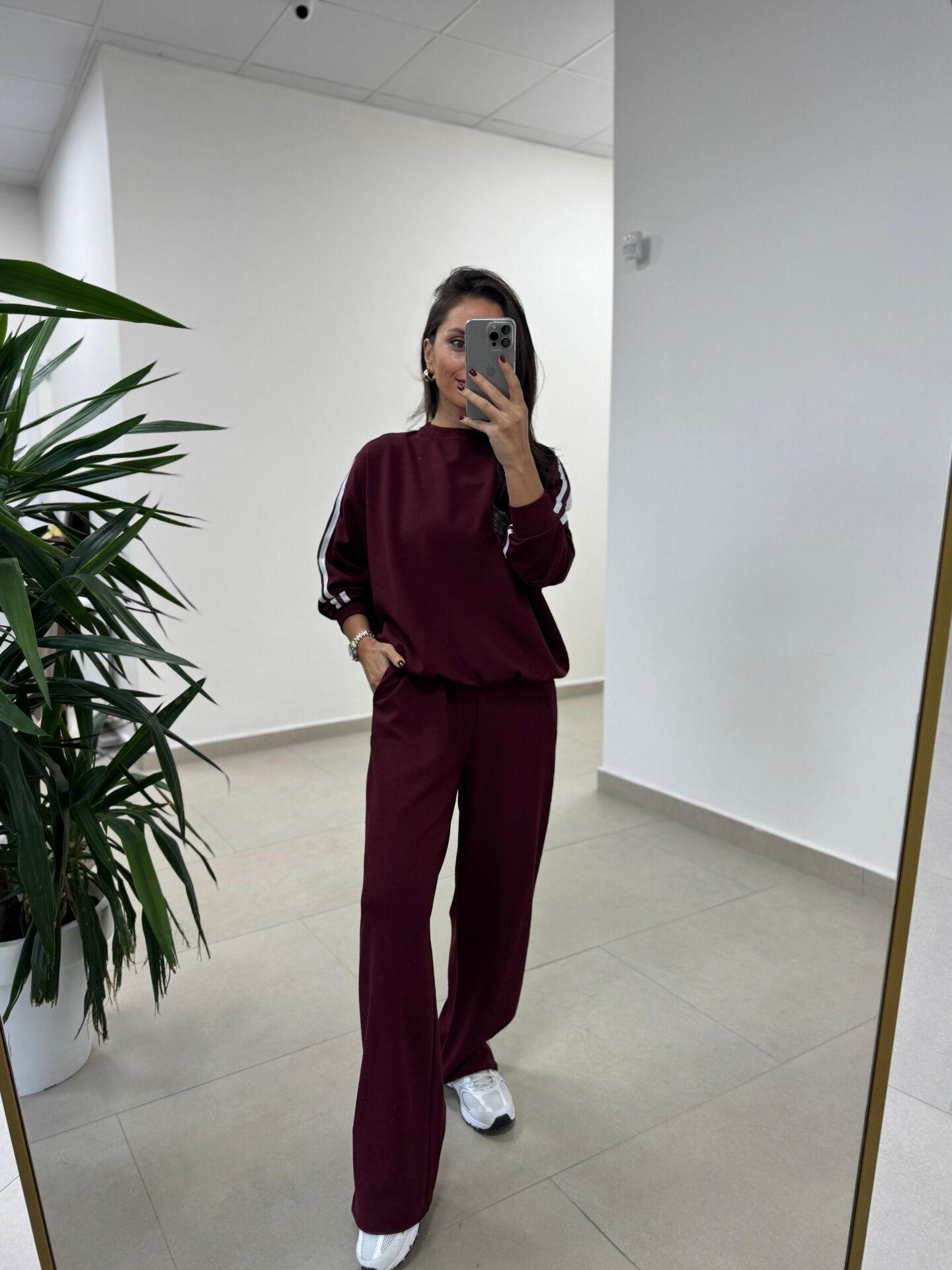 Ms 56489 Bordo-Beyaz İnce Şerit Geçişli Modal Takım