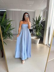 Cr 1062 Mavi-Beyaz Çizgili Maksiboy Askılı Elbise