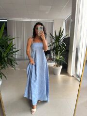 Cr 1062 Mavi-Beyaz Çizgili Maksiboy Askılı Elbise