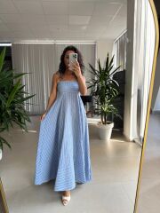 Cr 1062 Mavi-Beyaz Çizgili Maksiboy Askılı Elbise