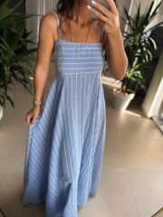 Cr 1062 Mavi-Beyaz Çizgili Maksiboy Askılı Elbise