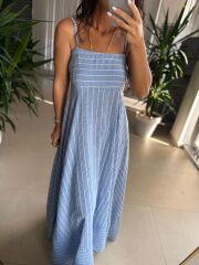 Cr 1062 Mavi-Beyaz Çizgili Maksiboy Askılı Elbise