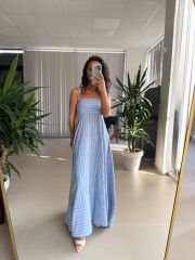 Cr 1062 Mavi-Beyaz Çizgili Maksiboy Askılı Elbise