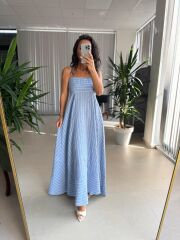 Cr 1062 Mavi-Beyaz Çizgili Maksiboy Askılı Elbise