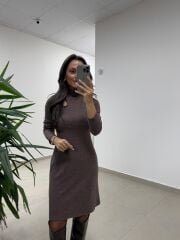 Mc 5105 Omuz Damla Detaylı Kahve Elbise