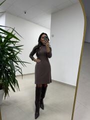 Mc 5105 Omuz Damla Detaylı Kahve Elbise