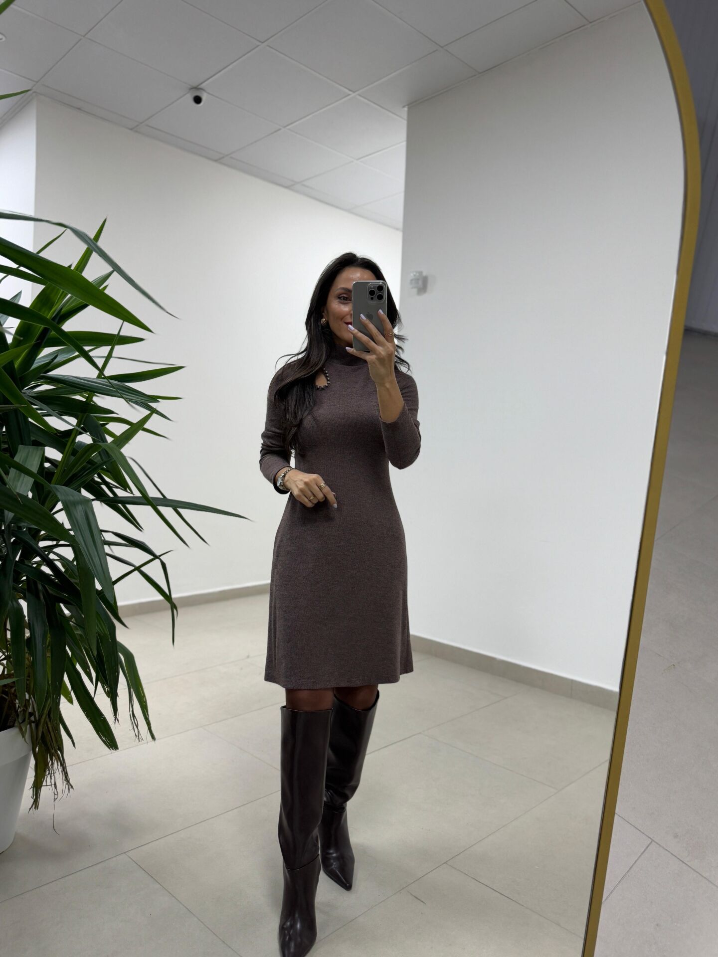 Mc 5105 Omuz Damla Detaylı Kahve Elbise