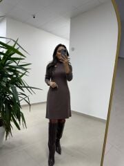 Mc 5105 Omuz Damla Detaylı Kahve Elbise