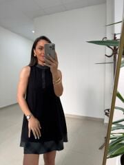 Ms 244 Siyah Yaka Detaylı Modal Elbise