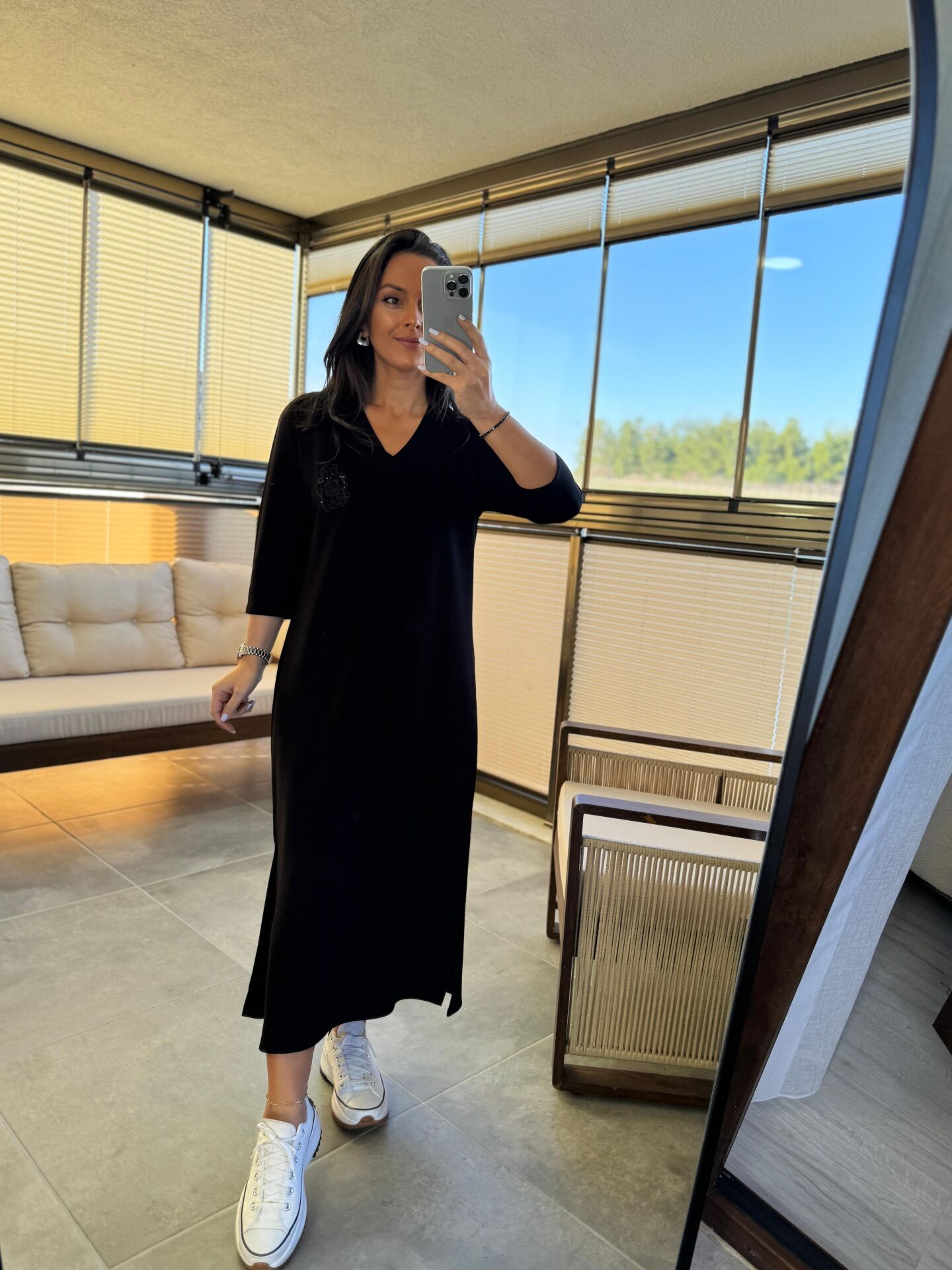 Ms Armalı V Yaka Siyah Elbise