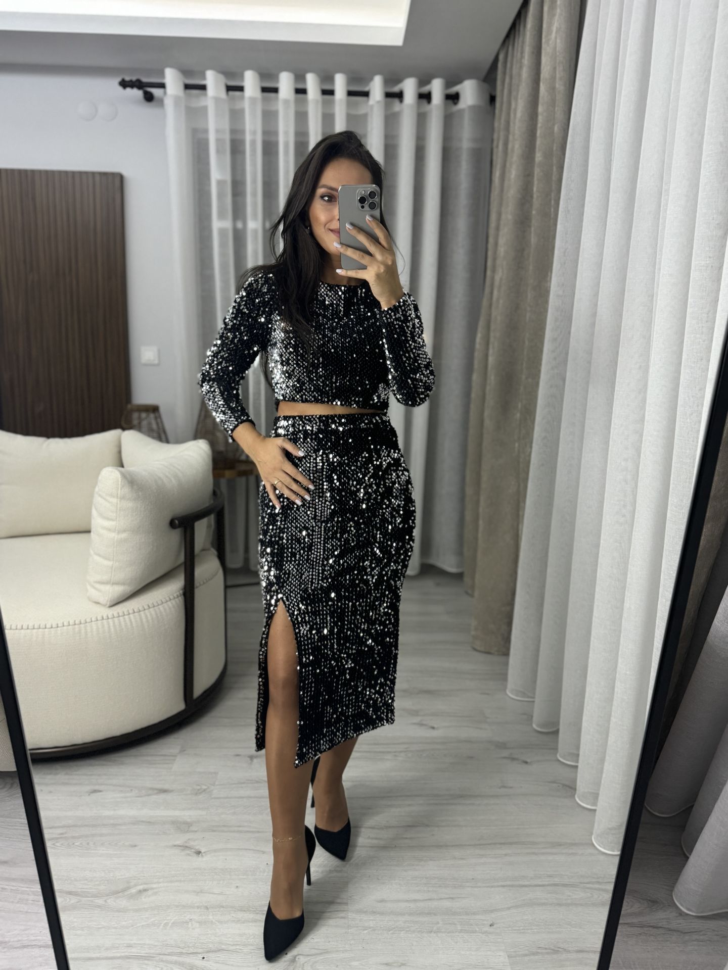 My 3353 Gümüş Payetli Eteklı Takım