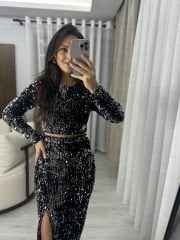 My 3353 Gümüş Payetli Eteklı Takım