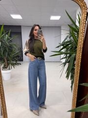 Wo 01026 Haki Kemerli Tensel Denim Pantolon