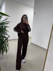 Ms 56489 Kahve-Beyaz İnce Şerit Geçişli Modal Takım