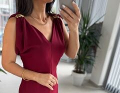 My 3746 Bordo Omuz Gold Tokalı V Yaka Elbise