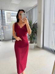 My 3746 Bordo Omuz Gold Tokalı V Yaka Elbise