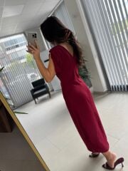 My 3746 Bordo Omuz Gold Tokalı V Yaka Elbise