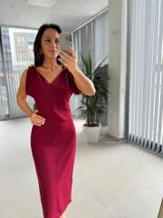 My 3746 Bordo Omuz Gold Tokalı V Yaka Elbise