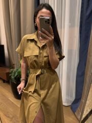 Rn 35446 Hardal Keten Gömlek Elbise