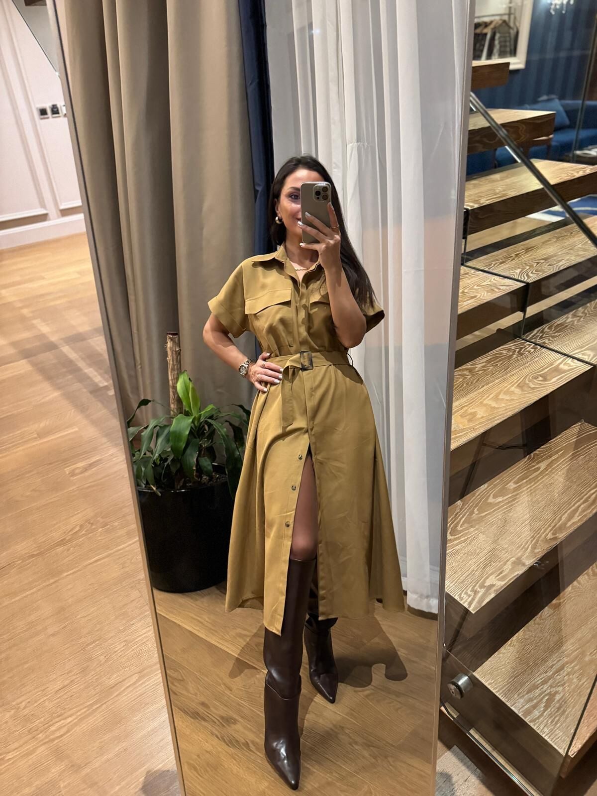 Rn 35446 Hardal Keten Gömlek Elbise