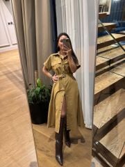 Rn 35446 Hardal Keten Gömlek Elbise