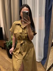 Rn 35446 Hardal Keten Gömlek Elbise