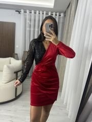My 3325 Kırmızı Payetli Kadife Elbise